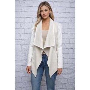 Vince Cream Mixed Media Wool Blend Jacket Lamb Leather Sleeves XS Open Front